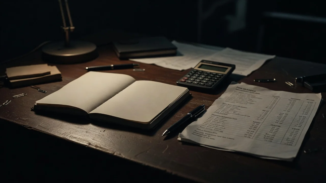 Notebook, pen and calculator beside a printed film budget breakdown