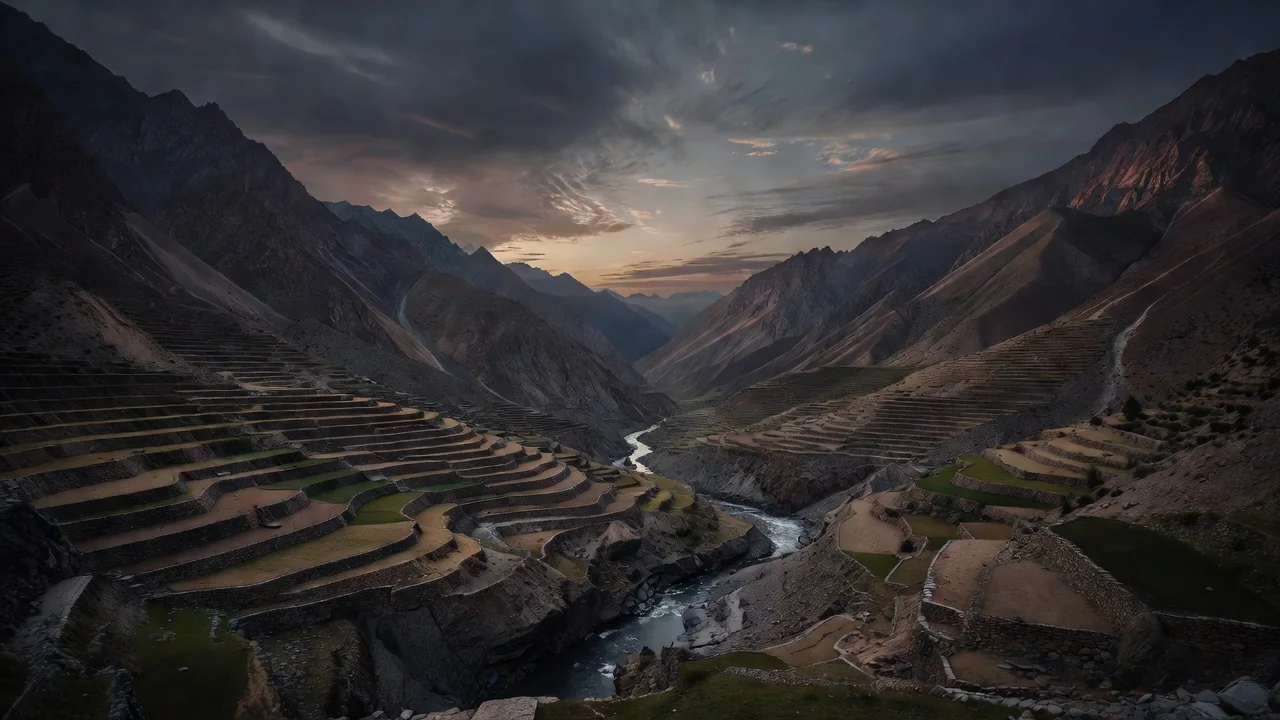Steep mountain valley in Gilgit-Baltistan, northern Pakistan, under a wide evening sky