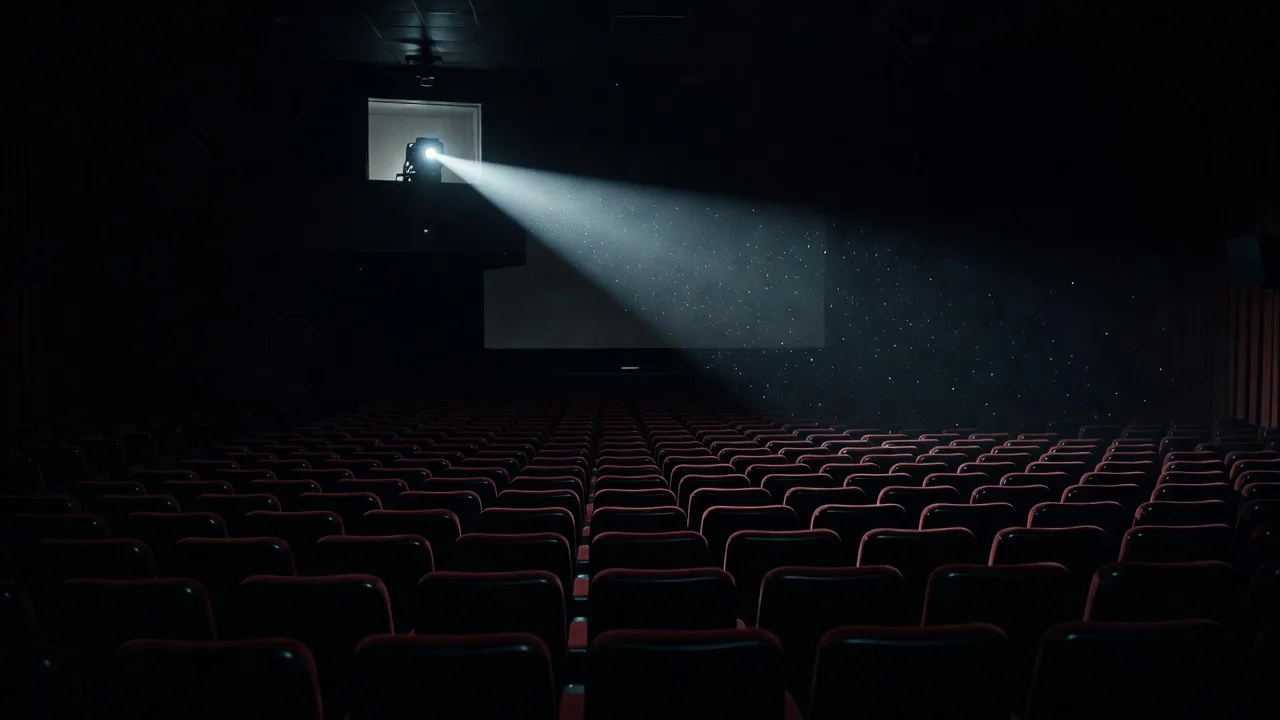 Cinema projector beam cutting through darkness above empty seats