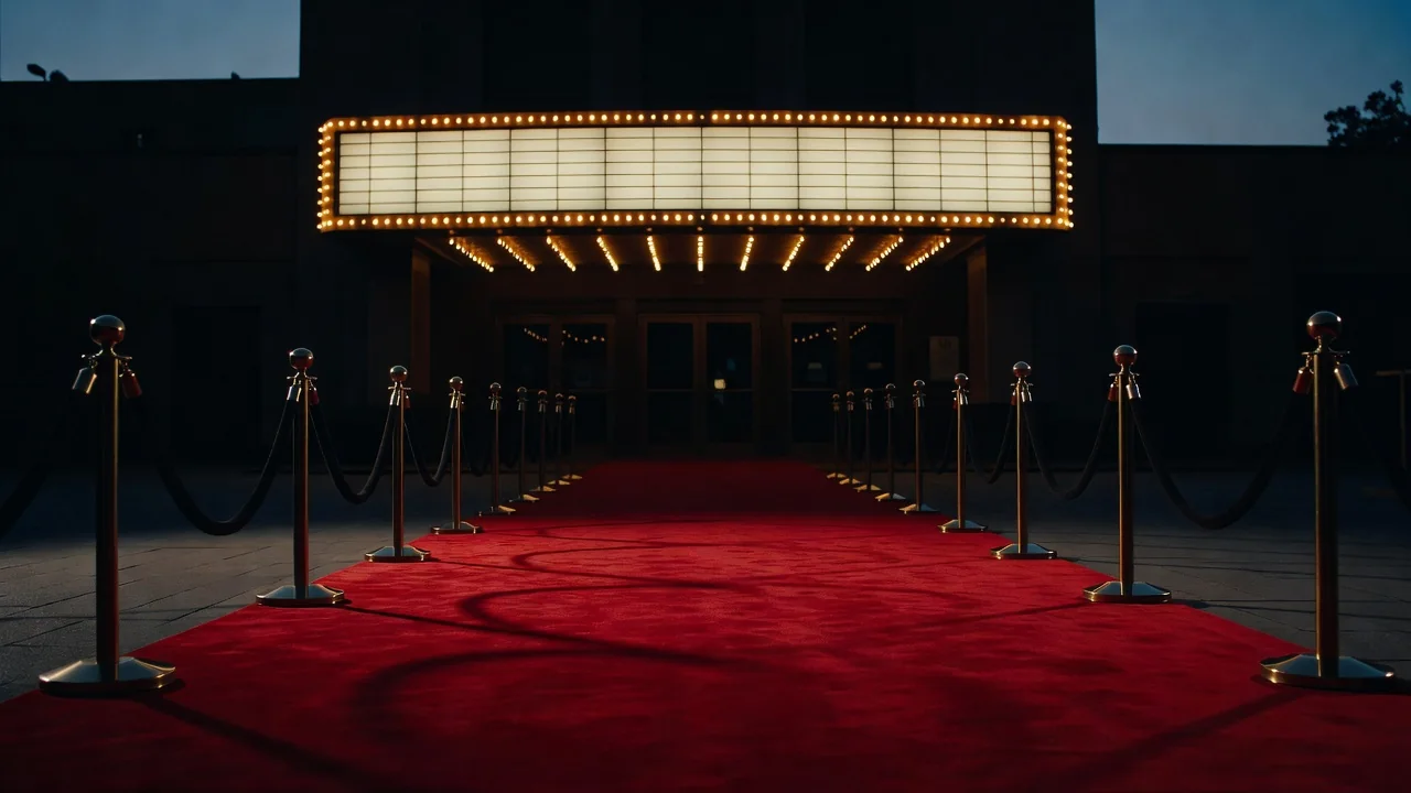 Empty cinema marquee and red carpet lit up before a festival evening screening