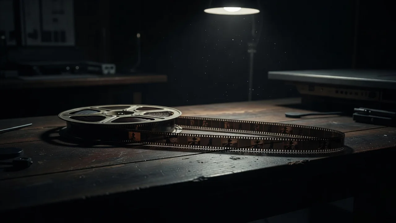 35mm film reel and loose film strip on a dark editing table