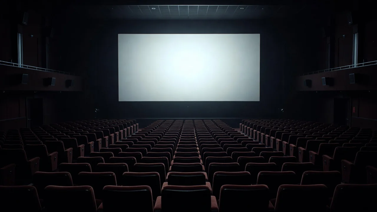 Glowing cinema screen in a dark auditorium before a screening